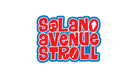Red bubble letters outlines in blue saying "Solano Avenue Stroll."